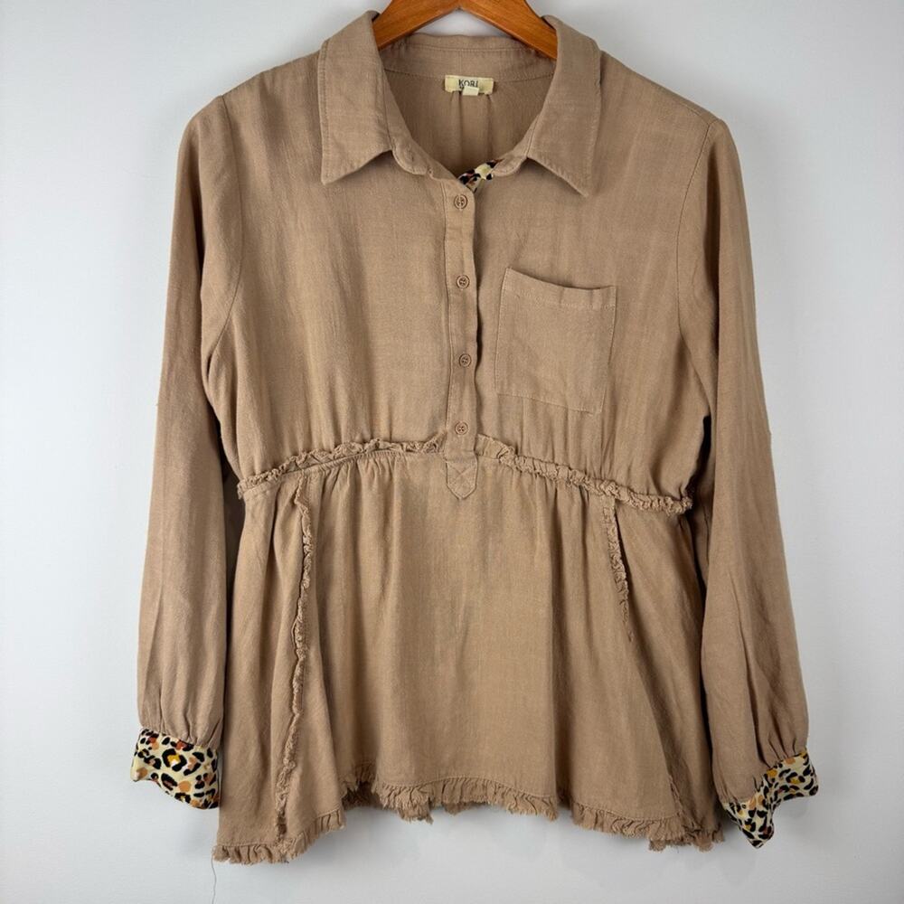 Kori Women's Tan Elastic Waist and Leopard Top with Buttons ~ L